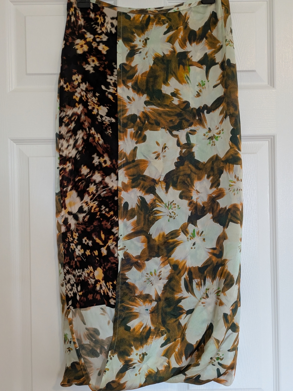 Dries Van Noten Floral Wrap Skirt in Sage, Brown and Cream